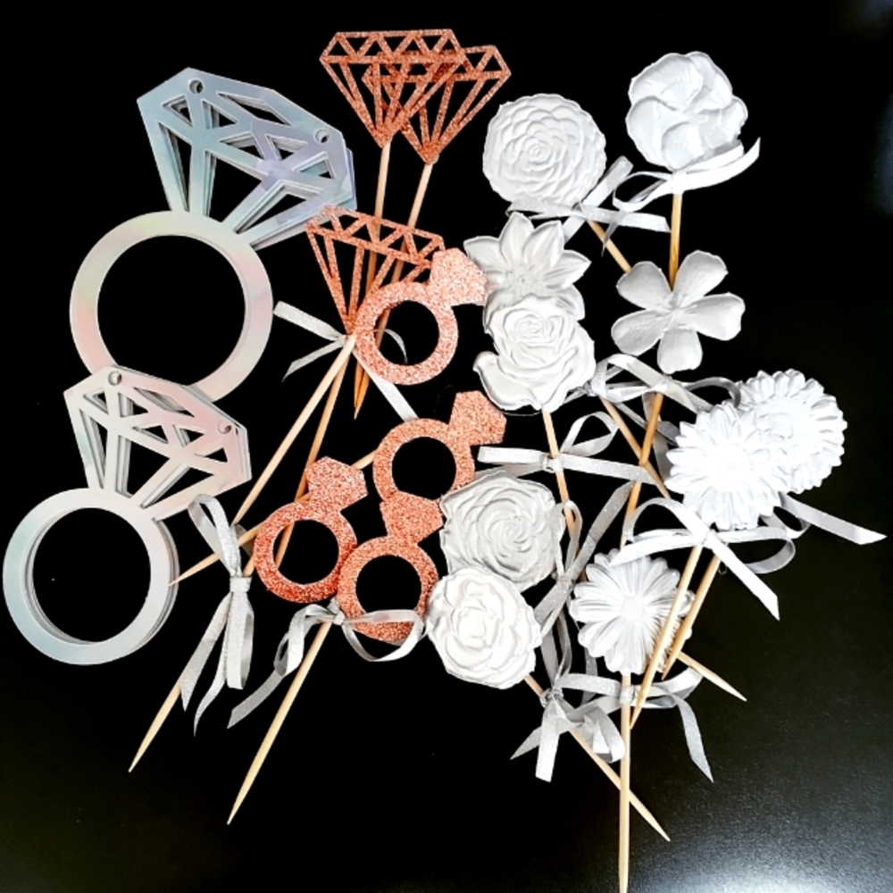 Bundle 17 Bridal Shower Cupcake Picks & 9 Hanging Silver Diamond Rings